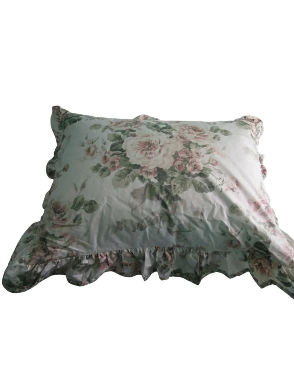 Chintz Floral Ruffled Pillow Sham Standard  Vintage Cottagecore Style Cotton Ble